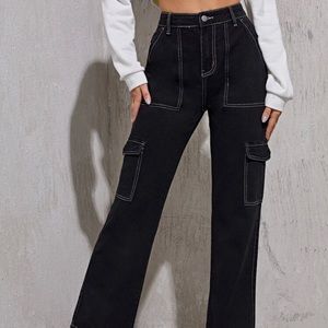 HIGH WAIST FALP POCKET WHIP STITCH CARGO JEANS 🦋